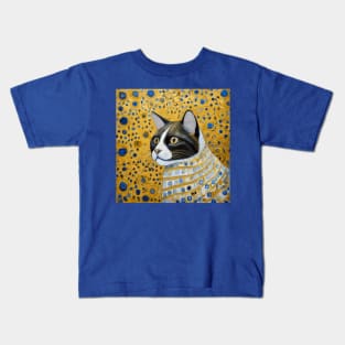 Gustav Klimt Style Tuxedo Cat with Blue and Gold Striped Coat Kids T-Shirt